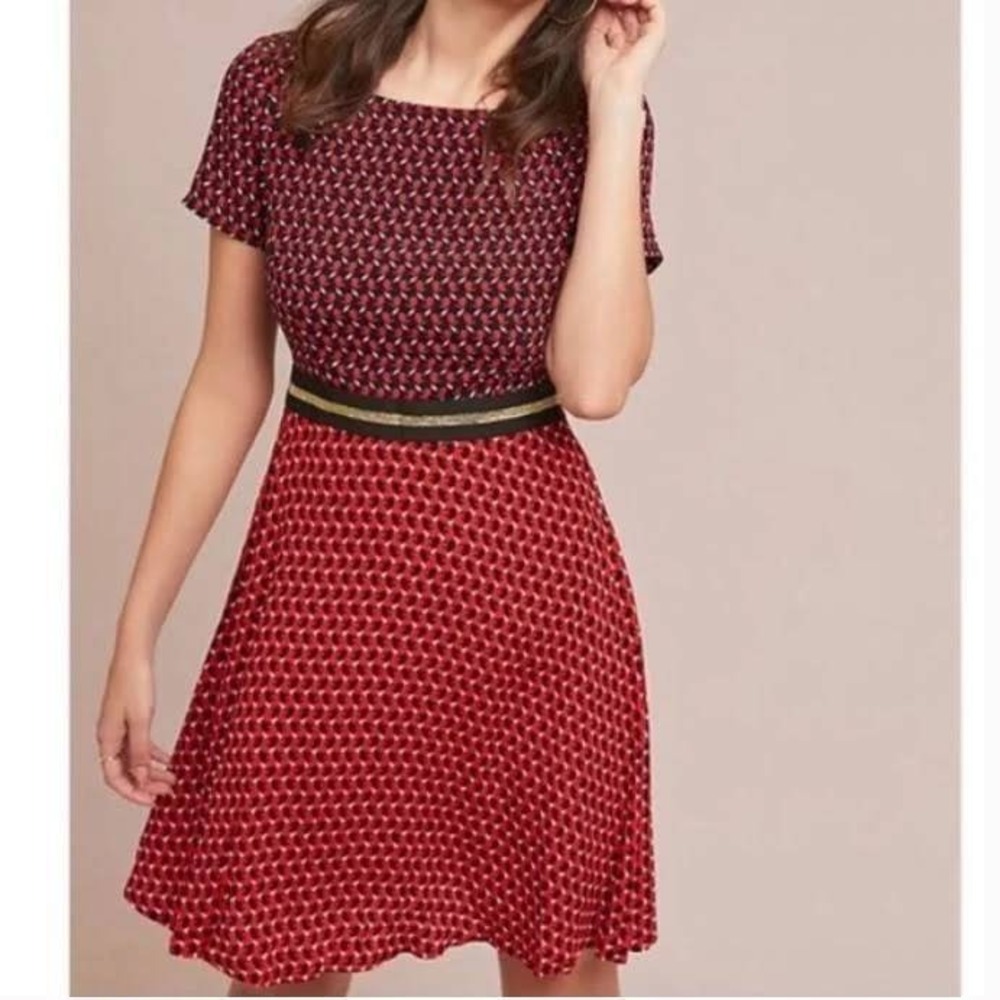 Maeve Anthropologie Dress Women 4 Red Black Geometric Mod Fit Flare Short Sleeve